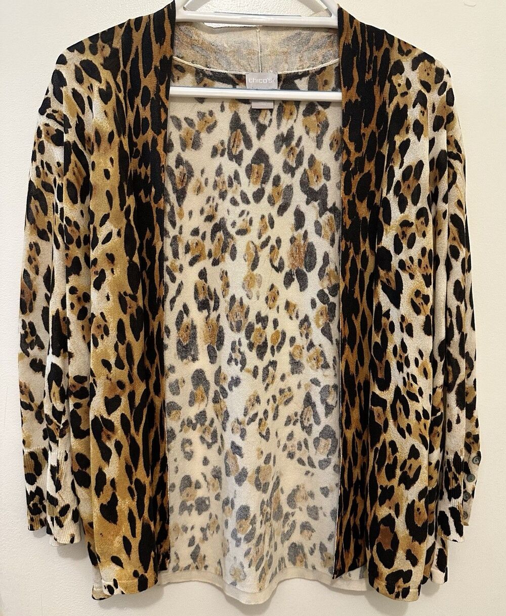 Chico's Leopard Animal Print Cardigan Sweater Size 2 L Cotton Blend Button Cuff